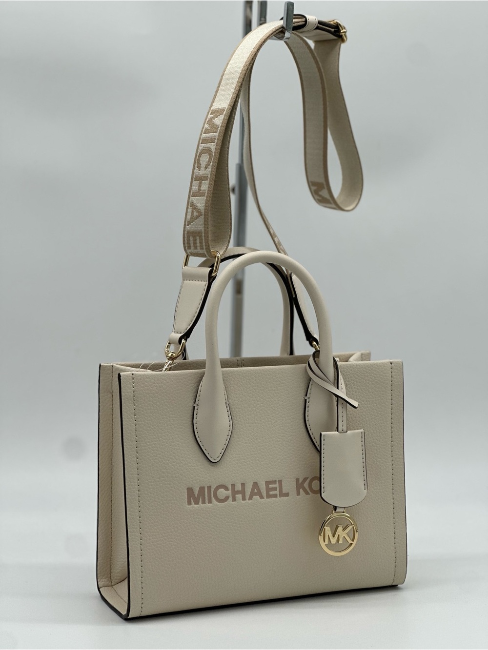 Michael Kors Cream Pebbled Leather Satchel with Logo Strap